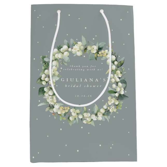 Elegant Green Snowberry+Eucalyptus Bridal Shower Medium Gift Bag (Front)
