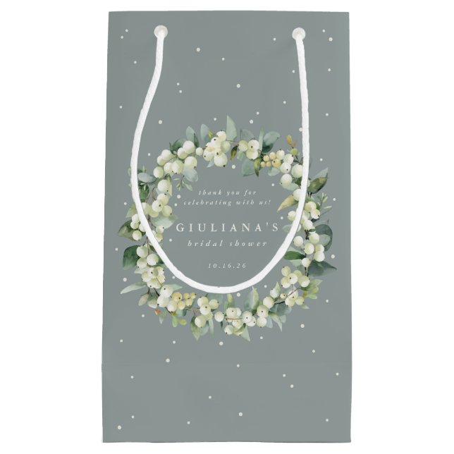 Elegant Green Snowberry+Eucalyptus Bridal Shower Small Gift Bag (Front)