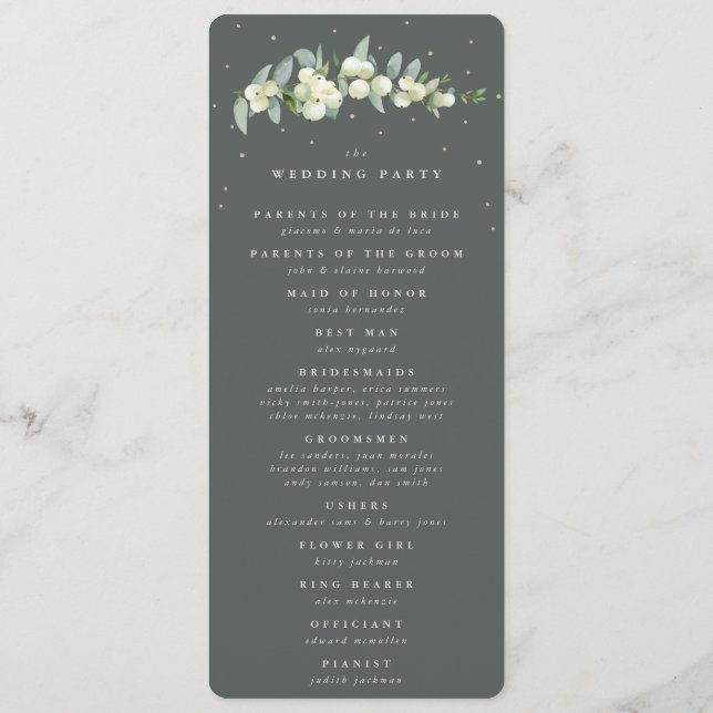 Elegant Green Snowberry+Eucalyptus Stem Wedding Programme (Back)