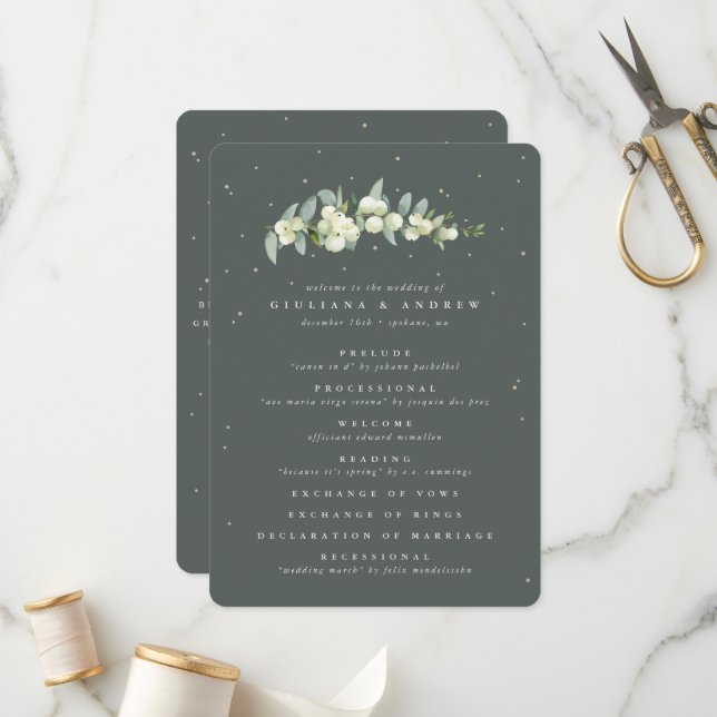 Elegant Green Snowberry+Eucalyptus Stem Wedding Programme (Front/Back In Situ)