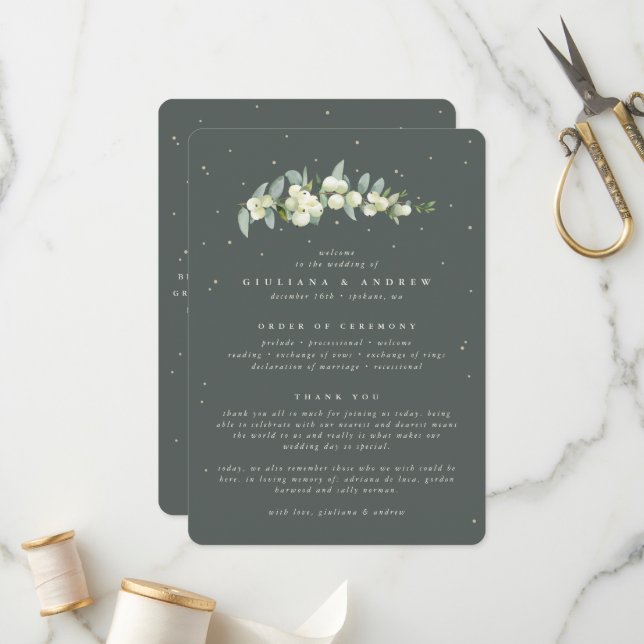 Elegant Green Snowberry+Eucalyptus Stem Wedding Programme (Front/Back In Situ)