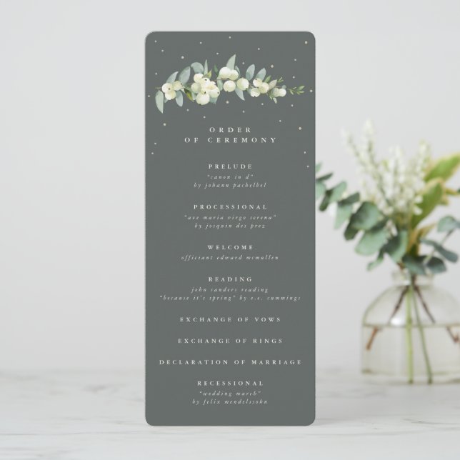 Elegant Green Snowberry+Eucalyptus Stem Wedding Programme (Standing Front)