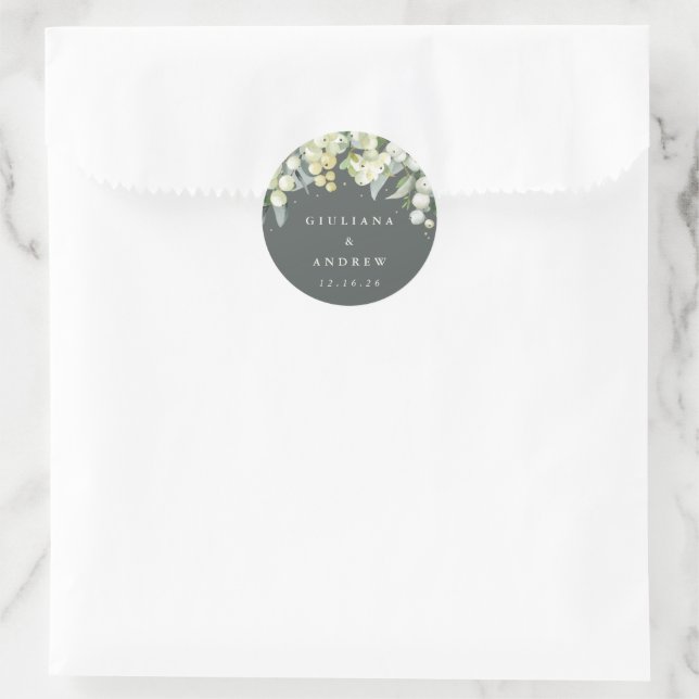 Elegant Green Snowberry+Eucalyptus Wedding Classic Round Sticker (Bag)