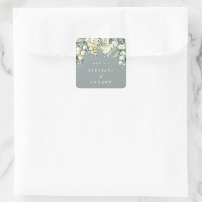 Elegant Green Snowberry+Eucalyptus Wedding Square Sticker (Bag)