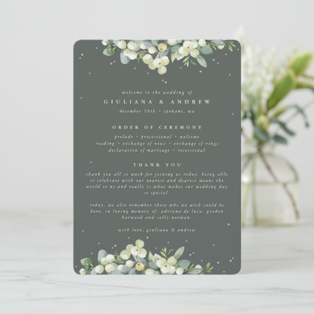 Elegant Green Snowberry+Eucalyptus Winter Wedding Programme (Standing Front)