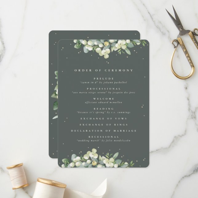 Elegant Green Snowberry+Eucalyptus Winter Wedding Programme (Front/Back In Situ)