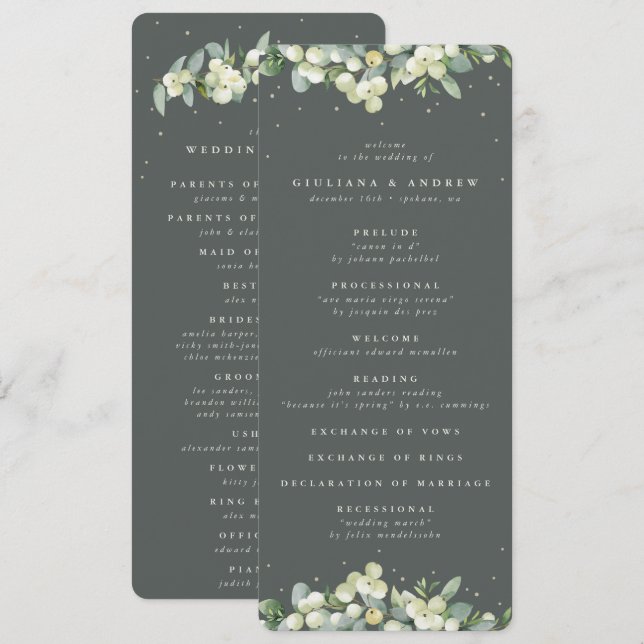Elegant Green Snowberry+Eucalyptus Winter Wedding Programme (Front/Back)