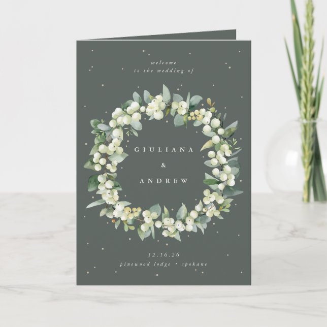 Elegant Green Snowberry+Eucalyptus Winter Wedding Programme (Front)