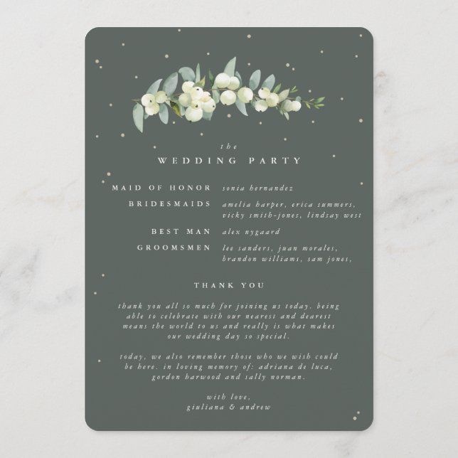 Elegant Green Snowberry+Eucalyptus Winter Wedding Programme (Back)
