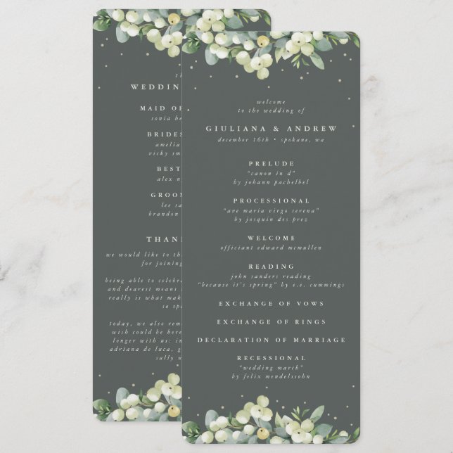 Elegant Green Snowberry+Eucalyptus Winter Wedding Programme (Front/Back)