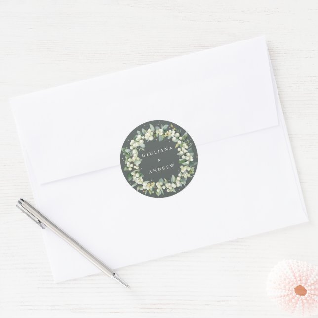 Elegant Green Snowberry+Eucalyptus Wreath Wedding Classic Round Sticker (Envelope)