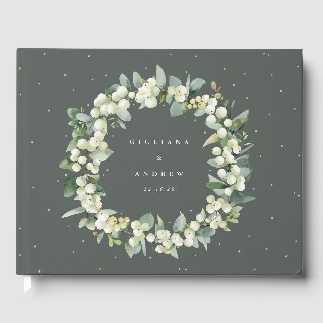 Elegant Green Snowberry+Eucalyptus Wreath Wedding Guest Book (Front)