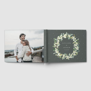 Elegant Green Snowberry+Eucalyptus Wreath Wedding Guest Book