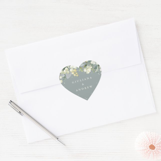 Elegant Green Snowberry+Eucalyptus Wreath Wedding Heart Sticker (Envelope)