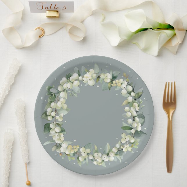 Elegant Green Snowberry+Eucalyptus Wreath Wedding Paper Plate (Wedding)