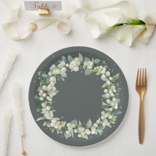 Elegant Green Snowberry+Eucalyptus Wreath Wedding Paper Plate