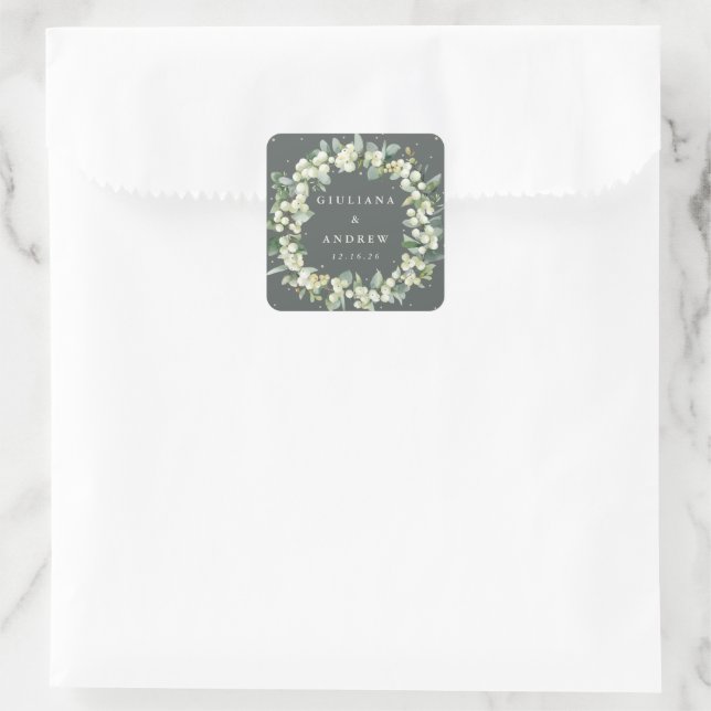 Elegant Green Snowberry+Eucalyptus Wreath Wedding Square Sticker (Bag)