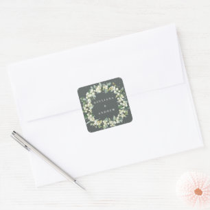 Elegant Green Snowberry+Eucalyptus Wreath Wedding Square Sticker
