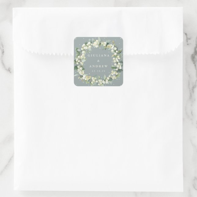 Elegant Green Snowberry+Eucalyptus Wreath Wedding Square Sticker (Bag)