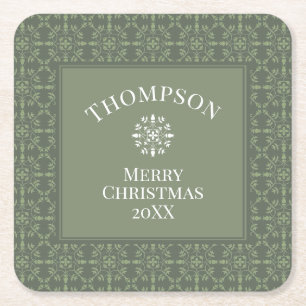 Elegant Green Snowflake Classic Holiday Border Square Paper Coaster
