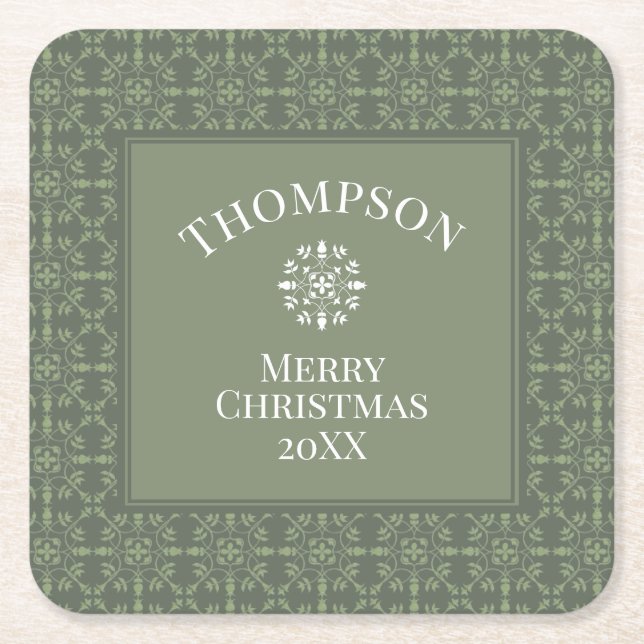 Elegant Green Snowflake Classic Holiday Border Square Paper Coaster (Front)