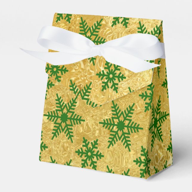 Elegant Green Snowflake on Abstract Gold Christmas Favour Box (Front Side)