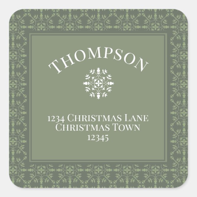 Elegant Green Snowflake Pattern Border Square Sticker (Front)