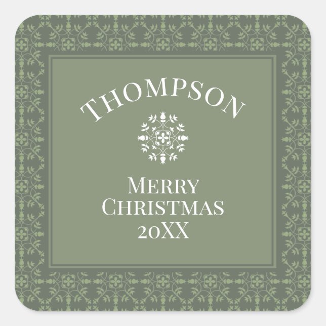 Elegant Green Snowflake Pattern Border Square Sticker (Front)