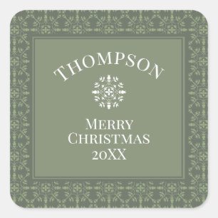 Elegant Green Snowflake Pattern Border Square Sticker