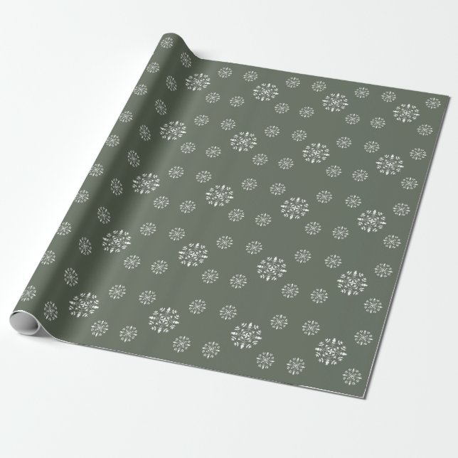 Elegant Green Snowflake Pattern Border Wrapping Paper (Unrolled)