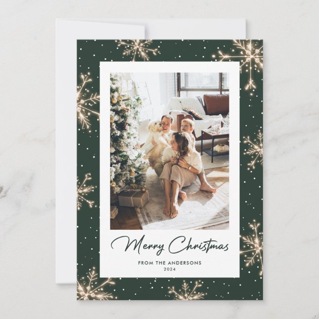 Elegant Green Snowflake Photo Merry Christmas Card (Front)