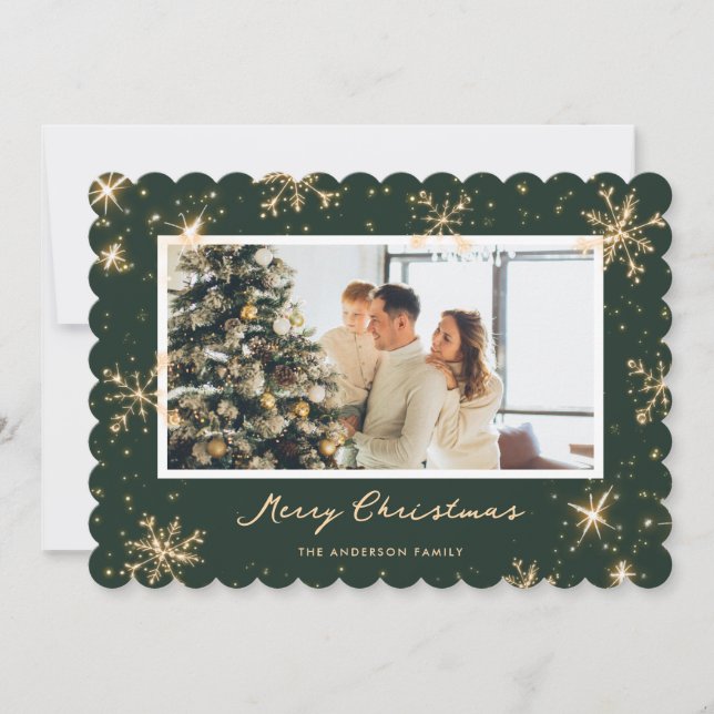 Elegant Green Snowflake Photo Merry Christmas Card (Front)