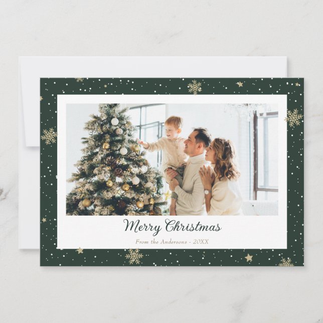 Elegant Green Snowflake Photo Merry Christmas Holiday Card (Front)
