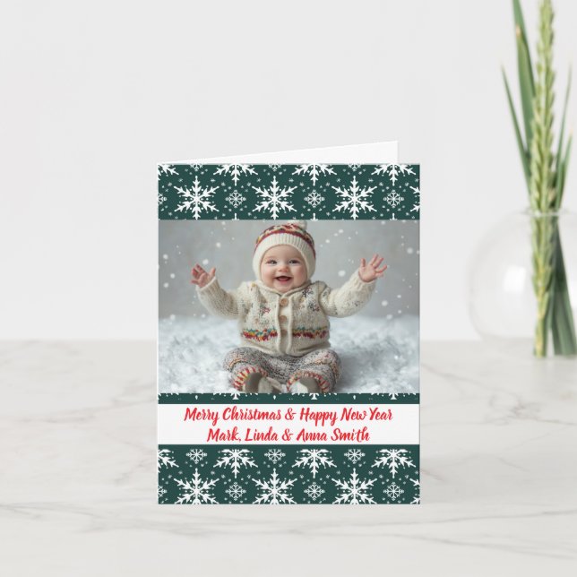 Elegant Green Snowflakes Christmas Folding Photo  Holiday Card (Front)