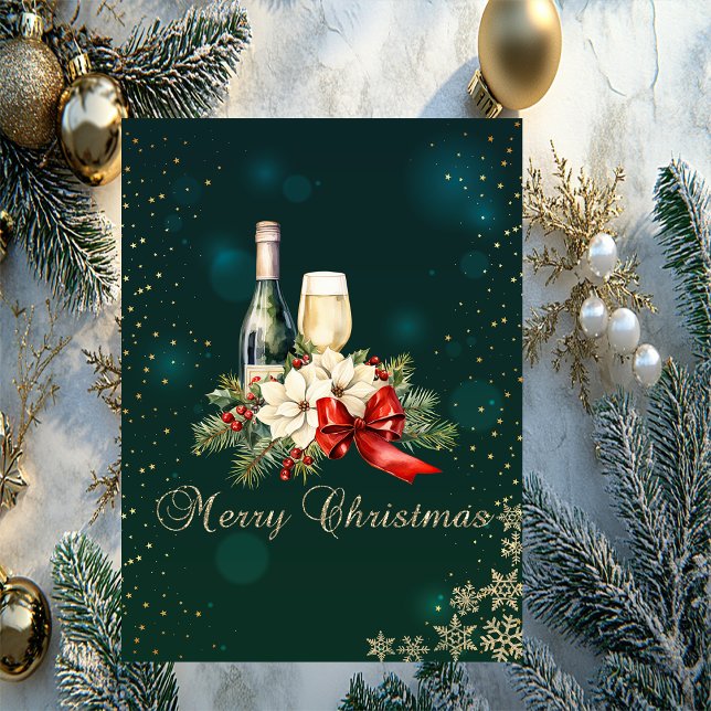 Elegant Green,Snowflakes,Poinsettia Wine Holiday Card (Creator Uploaded)