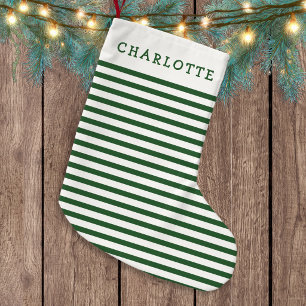 Elegant Green Soft White Striped Custom Name Small Christmas Stocking