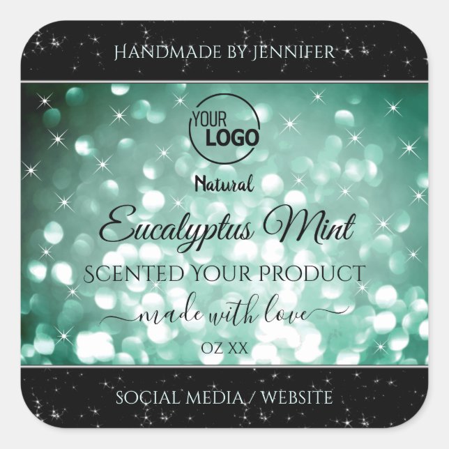 Elegant Green Sparkle Glitter Logo Product Labels (Front)