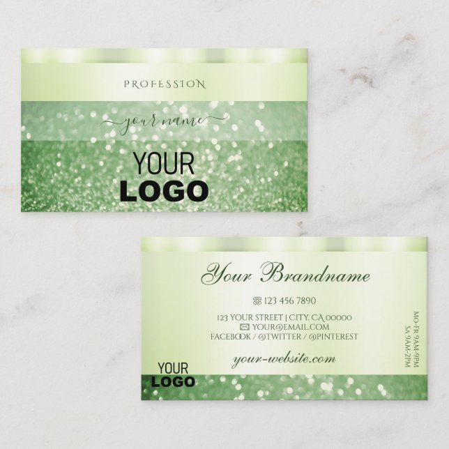 Elegant Green Sparkling Glitter with Logo Shimmery Business Card (Front/Back)