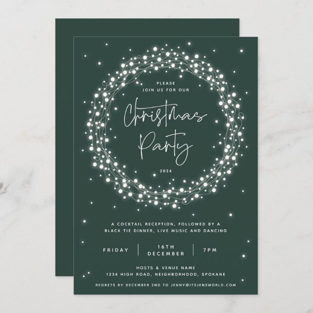 Elegant Green Sparkling Lights Christmas Party Invitation (Front/Back)