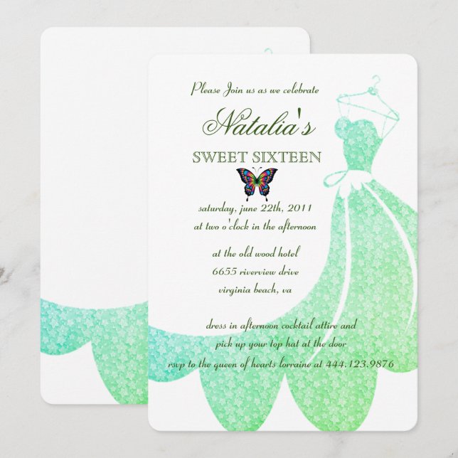 Elegant Green Starry Dress Sweet 16 Birthday   Invitation (Front/Back)