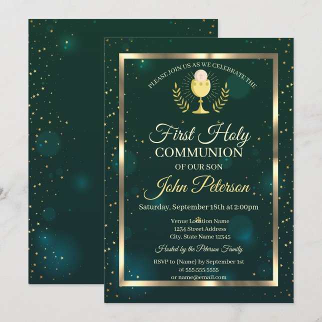 Elegant Green,Stars First Holy Communion Invitation (Front/Back)