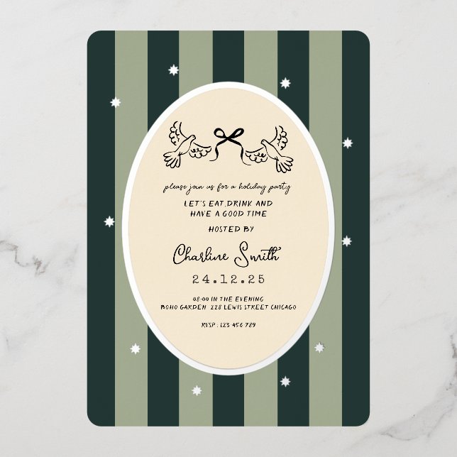 Elegant Green Striped Holiday Party Invitation (Front)