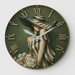 Elegant Green Striped Lady with Wide Brim Hat Large Clock