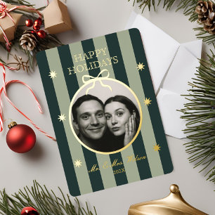 Elegant Green Striped Ornament Photo Holiday Card