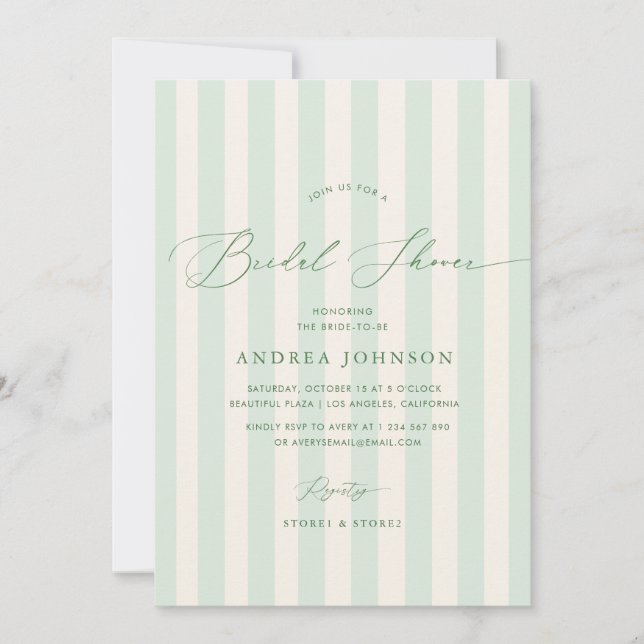 Elegant green stripes bridal shower invitation (Front)