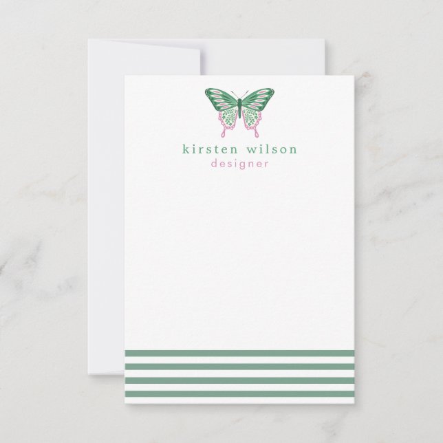Elegant Green Stripes & Butterfly - Personalised Card (Front)