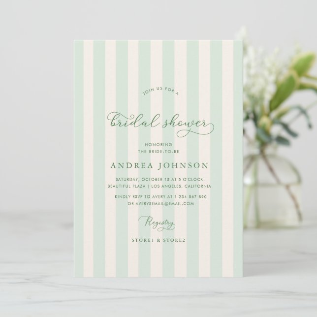 Elegant Green Stripes Country Club Bridal Shower Invitation (Standing Front)