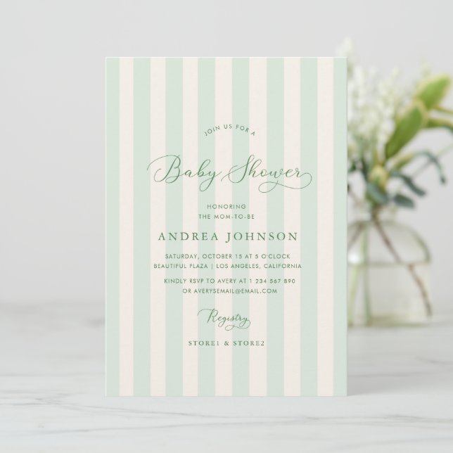 Elegant Green Stripes Gender Neutral Baby Shower Invitation (Standing Front)