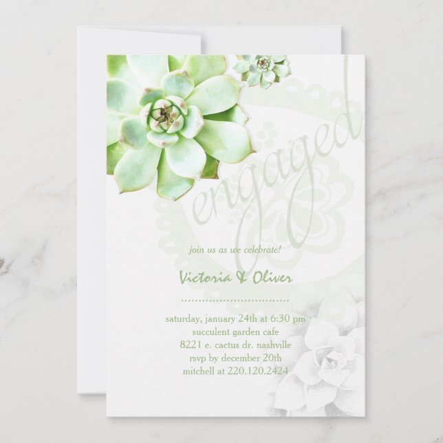 Elegant Green Succulent Wedding Engagement Invitation (Front)