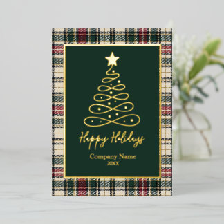 Elegant Green Tartan Christmas Tree Business Logo Foil Holiday Card